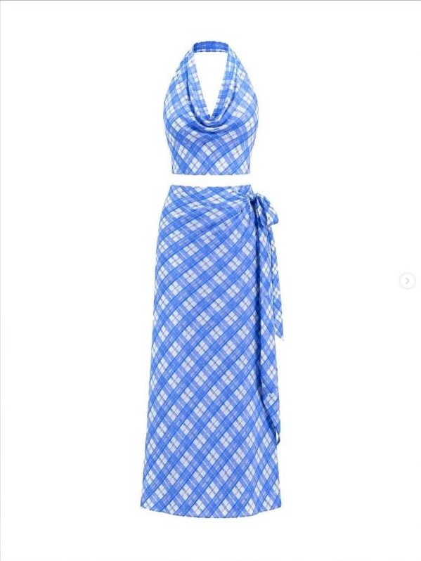 Blue gingham halter dress and wrap skirt set from K Boutique