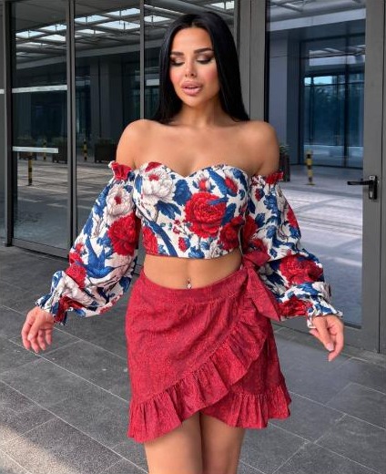 Floral off-shoulder crop top and red wrap skirt set from K Boutique